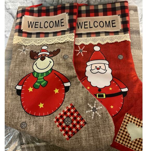 NEW Welcome Stockings Set of 2 Moose & Santa 17” - Picture 1 of 7
